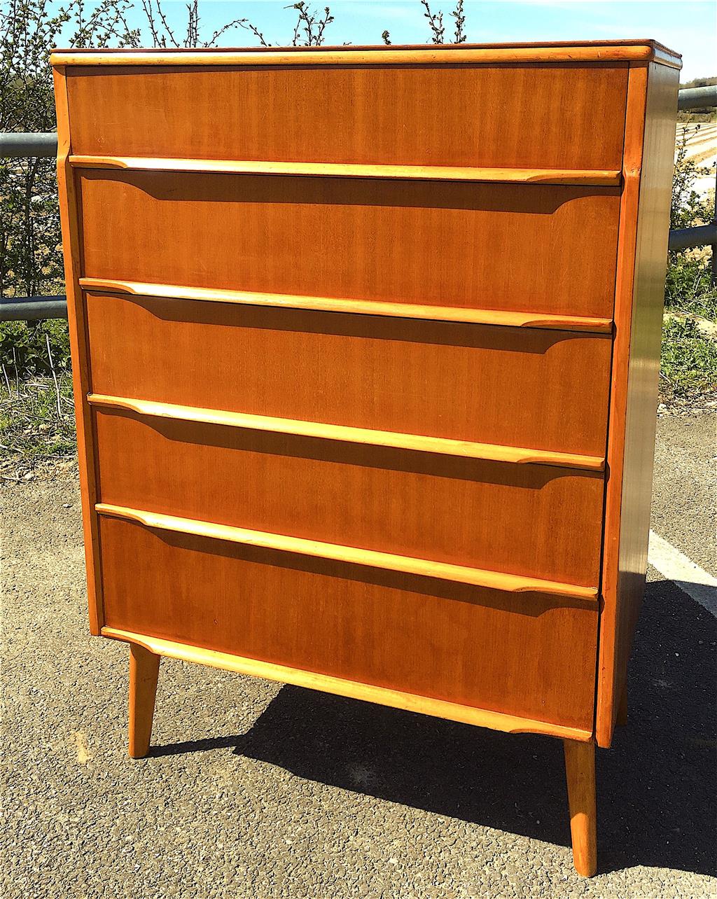 A mid century design mahogany and teak five drawer chest, circa 1960, width 77cm, depth 45cm, height 107cm